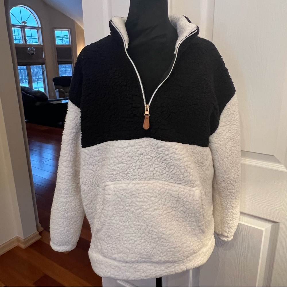 Margaux & Lexi 
Black and White Sherpa Quarter-Zip pullover